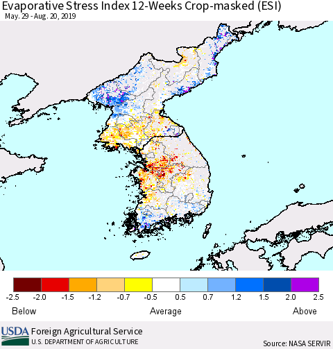 Korea Evaporative Stress Index (ESI), 12-Weeks over Croplands Thematic Map For 8/19/2019 - 8/25/2019