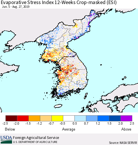 Korea Evaporative Stress Index (ESI), 12-Weeks over Croplands Thematic Map For 8/26/2019 - 9/1/2019
