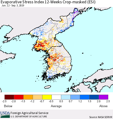 Korea Evaporative Stress Index (ESI), 12-Weeks over Croplands Thematic Map For 9/2/2019 - 9/8/2019