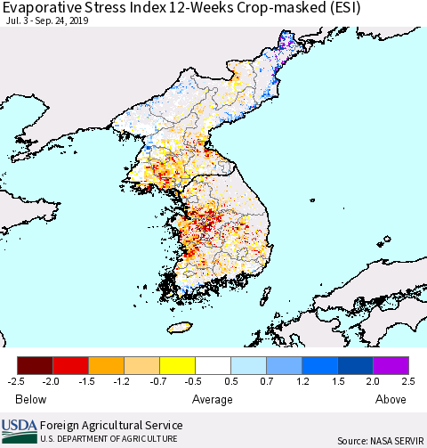 Korea Evaporative Stress Index (ESI), 12-Weeks over Croplands Thematic Map For 9/23/2019 - 9/29/2019