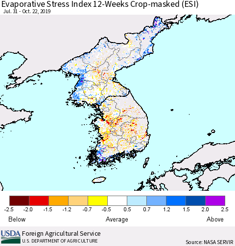 Korea Evaporative Stress Index (ESI), 12-Weeks over Croplands Thematic Map For 10/21/2019 - 10/27/2019