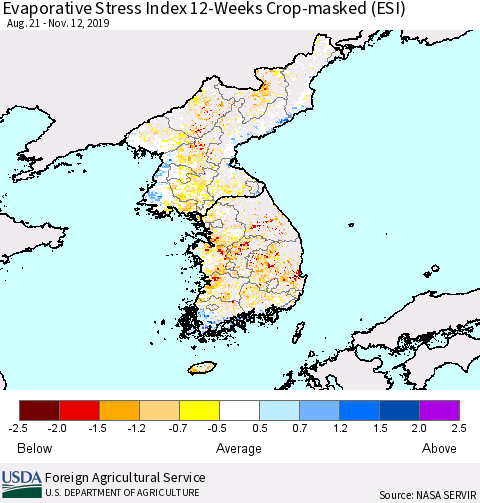 Korea Evaporative Stress Index (ESI), 12-Weeks over Croplands Thematic Map For 11/11/2019 - 11/17/2019