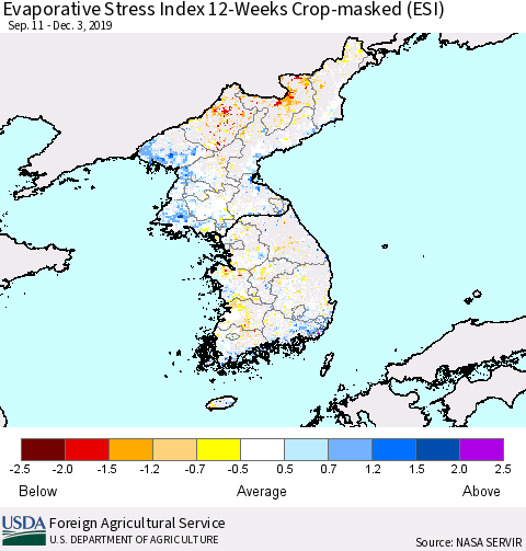 Korea Evaporative Stress Index (ESI), 12-Weeks over Croplands Thematic Map For 12/2/2019 - 12/8/2019