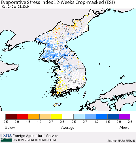 Korea Evaporative Stress Index (ESI), 12-Weeks over Croplands Thematic Map For 12/23/2019 - 12/29/2019