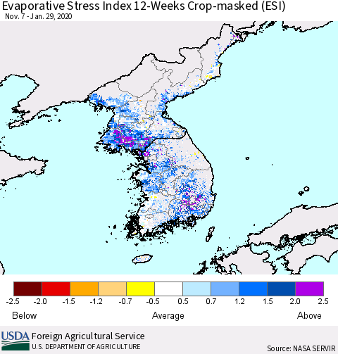 Korea Evaporative Stress Index (ESI), 12-Weeks over Croplands Thematic Map For 1/27/2020 - 2/2/2020