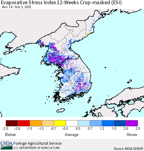 Korea Evaporative Stress Index (ESI), 12-Weeks over Croplands Thematic Map For 2/3/2020 - 2/9/2020