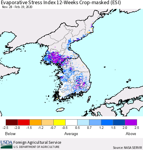 Korea Evaporative Stress Index (ESI), 12-Weeks over Croplands Thematic Map For 2/17/2020 - 2/23/2020