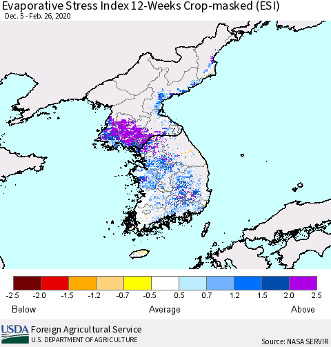 Korea Evaporative Stress Index (ESI), 12-Weeks over Croplands Thematic Map For 2/24/2020 - 3/1/2020
