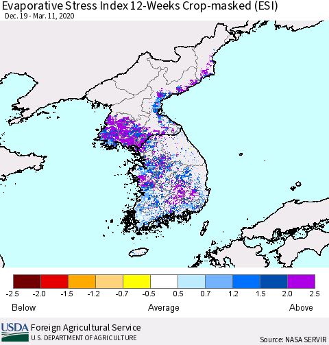 Korea Evaporative Stress Index (ESI), 12-Weeks over Croplands Thematic Map For 3/9/2020 - 3/15/2020
