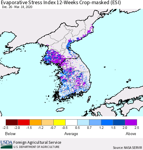 Korea Evaporative Stress Index (ESI), 12-Weeks over Croplands Thematic Map For 3/16/2020 - 3/22/2020