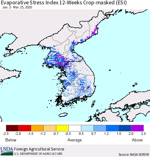 Korea Evaporative Stress Index (ESI), 12-Weeks over Croplands Thematic Map For 3/23/2020 - 3/29/2020