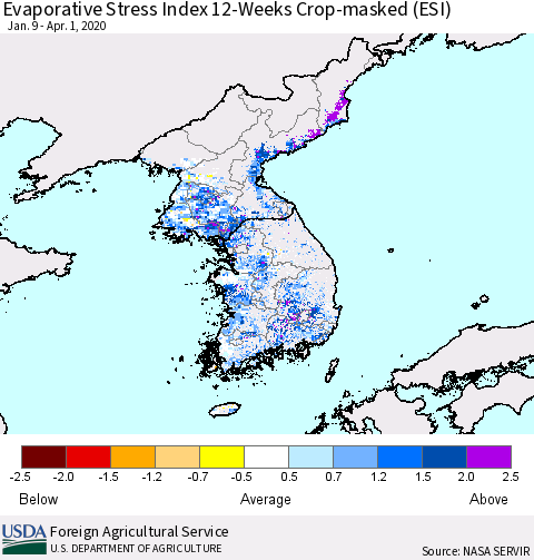Korea Evaporative Stress Index (ESI), 12-Weeks over Croplands Thematic Map For 3/30/2020 - 4/5/2020