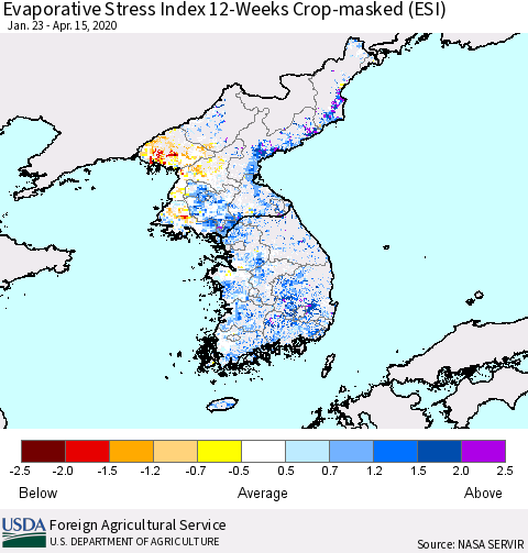 Korea Evaporative Stress Index (ESI), 12-Weeks over Croplands Thematic Map For 4/13/2020 - 4/19/2020