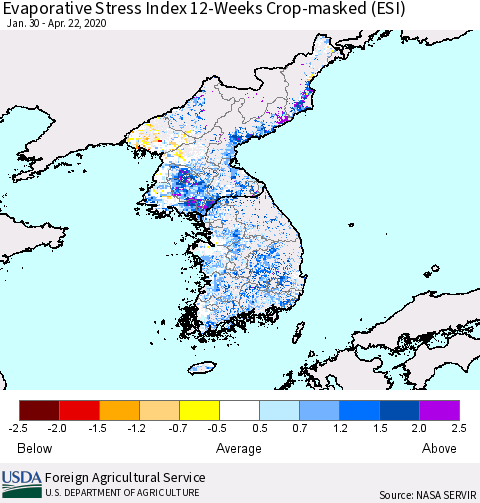 Korea Evaporative Stress Index (ESI), 12-Weeks over Croplands Thematic Map For 4/20/2020 - 4/26/2020