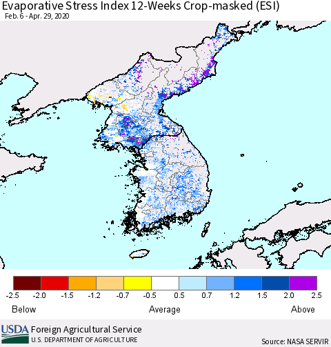Korea Evaporative Stress Index (ESI), 12-Weeks over Croplands Thematic Map For 4/27/2020 - 5/3/2020