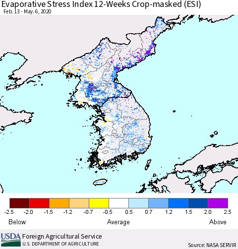 Korea Evaporative Stress Index (ESI), 12-Weeks over Croplands Thematic Map For 5/4/2020 - 5/10/2020