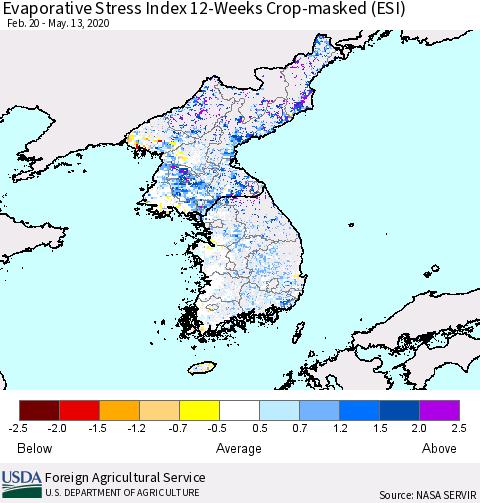 Korea Evaporative Stress Index (ESI), 12-Weeks over Croplands Thematic Map For 5/11/2020 - 5/17/2020