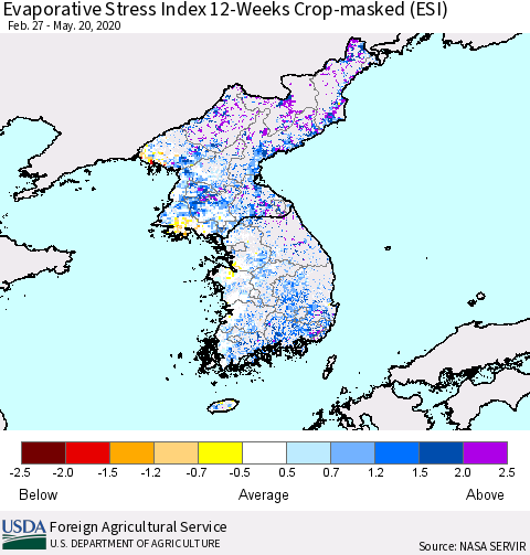 Korea Evaporative Stress Index (ESI), 12-Weeks over Croplands Thematic Map For 5/18/2020 - 5/24/2020