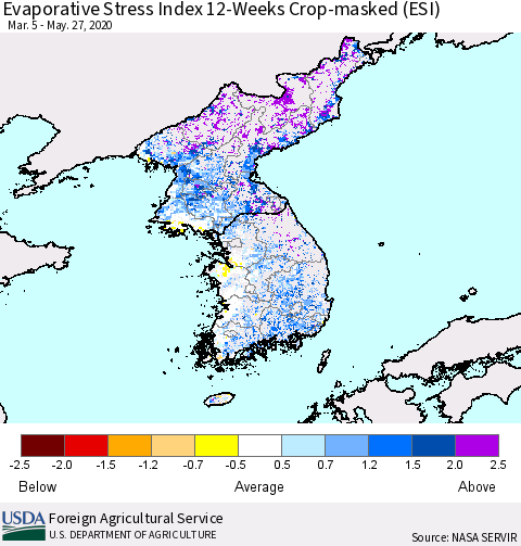 Korea Evaporative Stress Index (ESI), 12-Weeks over Croplands Thematic Map For 5/25/2020 - 5/31/2020