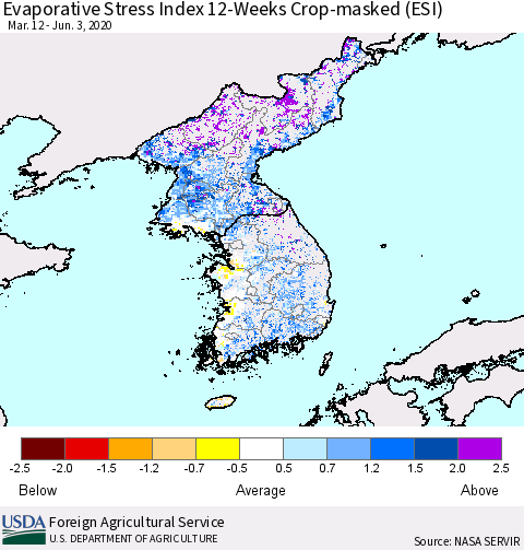 Korea Evaporative Stress Index (ESI), 12-Weeks over Croplands Thematic Map For 6/1/2020 - 6/7/2020