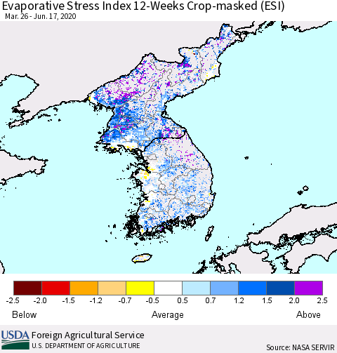 Korea Evaporative Stress Index (ESI), 12-Weeks over Croplands Thematic Map For 6/15/2020 - 6/21/2020