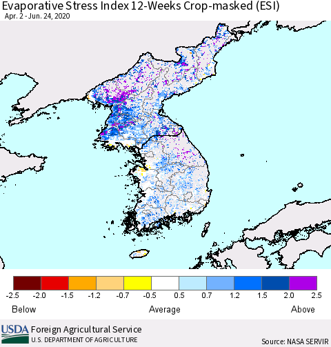 Korea Evaporative Stress Index (ESI), 12-Weeks over Croplands Thematic Map For 6/22/2020 - 6/28/2020