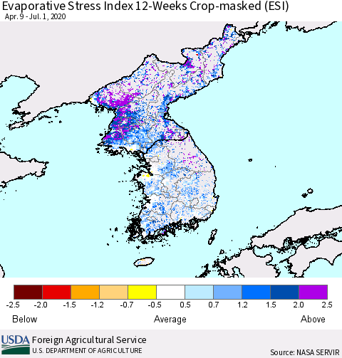 Korea Evaporative Stress Index (ESI), 12-Weeks over Croplands Thematic Map For 6/29/2020 - 7/5/2020