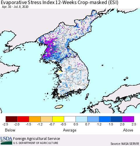 Korea Evaporative Stress Index (ESI), 12-Weeks over Croplands Thematic Map For 7/6/2020 - 7/12/2020