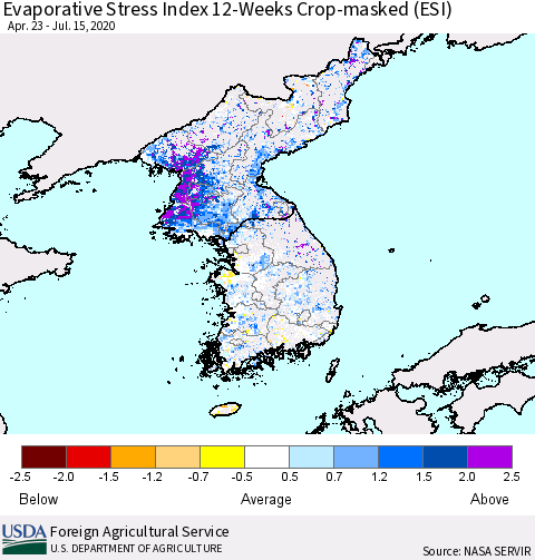 Korea Evaporative Stress Index (ESI), 12-Weeks over Croplands Thematic Map For 7/13/2020 - 7/19/2020