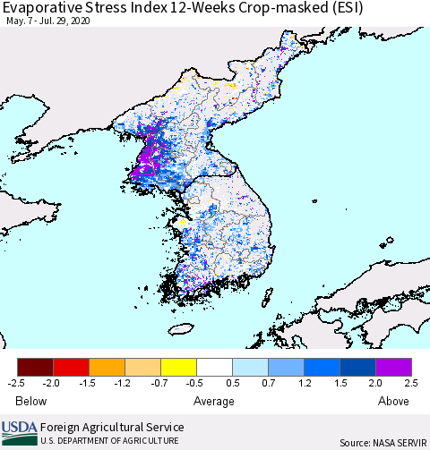 Korea Evaporative Stress Index (ESI), 12-Weeks over Croplands Thematic Map For 7/27/2020 - 8/2/2020