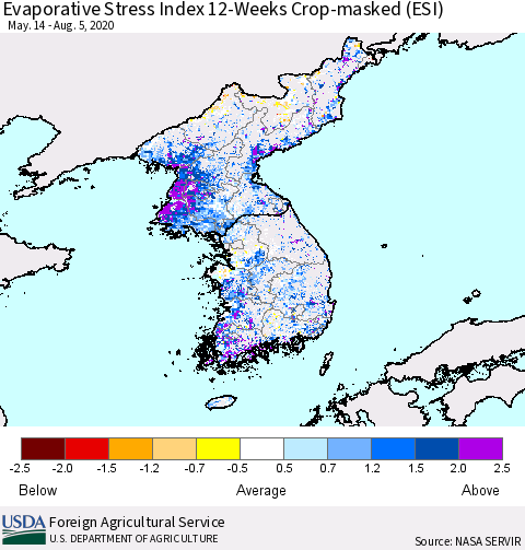 Korea Evaporative Stress Index (ESI), 12-Weeks over Croplands Thematic Map For 8/3/2020 - 8/9/2020