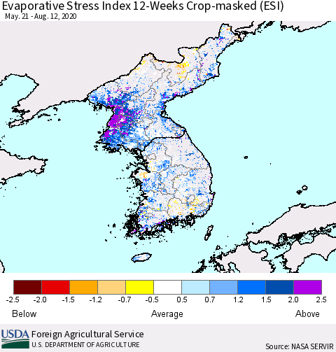 Korea Evaporative Stress Index (ESI), 12-Weeks over Croplands Thematic Map For 8/10/2020 - 8/16/2020