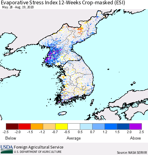 Korea Evaporative Stress Index (ESI), 12-Weeks over Croplands Thematic Map For 8/17/2020 - 8/23/2020