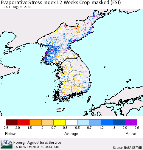Korea Evaporative Stress Index (ESI), 12-Weeks over Croplands Thematic Map For 8/24/2020 - 8/30/2020