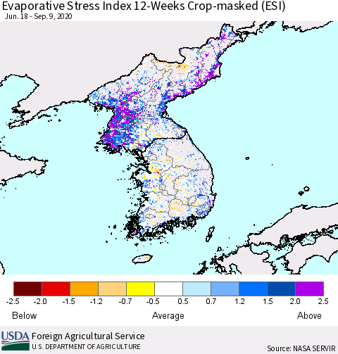 Korea Evaporative Stress Index (ESI), 12-Weeks over Croplands Thematic Map For 9/7/2020 - 9/13/2020