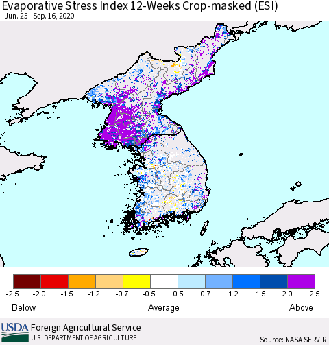 Korea Evaporative Stress Index (ESI), 12-Weeks over Croplands Thematic Map For 9/14/2020 - 9/20/2020