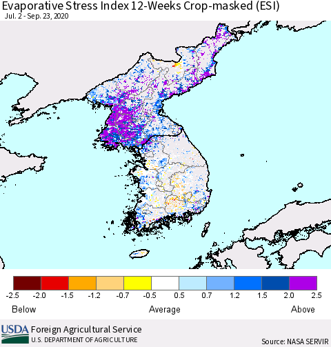 Korea Evaporative Stress Index (ESI), 12-Weeks over Croplands Thematic Map For 9/21/2020 - 9/27/2020