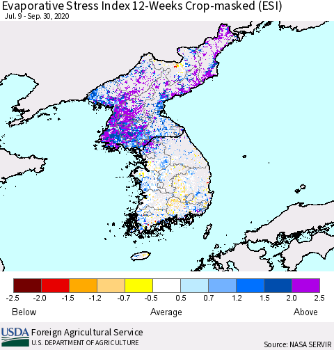 Korea Evaporative Stress Index (ESI), 12-Weeks over Croplands Thematic Map For 9/28/2020 - 10/4/2020