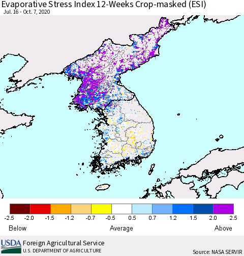 Korea Evaporative Stress Index (ESI), 12-Weeks over Croplands Thematic Map For 10/5/2020 - 10/11/2020