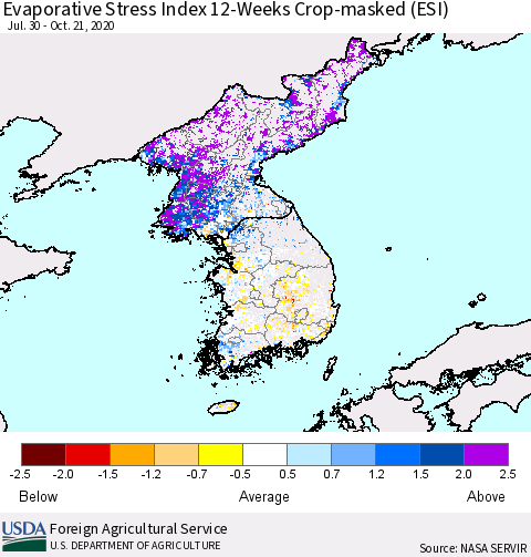 Korea Evaporative Stress Index (ESI), 12-Weeks over Croplands Thematic Map For 10/19/2020 - 10/25/2020