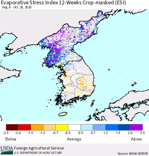 Korea Evaporative Stress Index (ESI), 12-Weeks over Croplands Thematic Map For 10/26/2020 - 11/1/2020