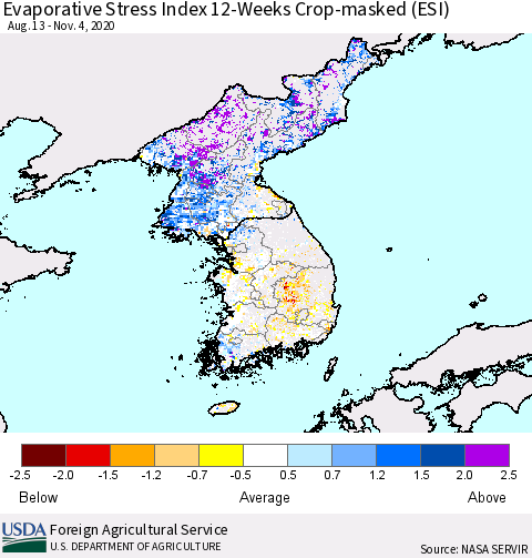 Korea Evaporative Stress Index (ESI), 12-Weeks over Croplands Thematic Map For 11/2/2020 - 11/8/2020