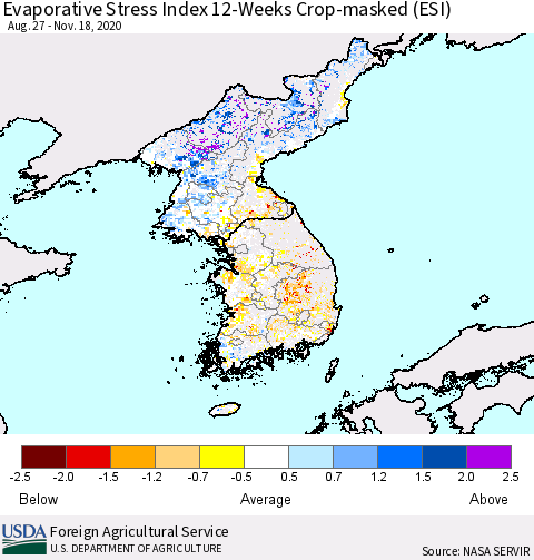 Korea Evaporative Stress Index (ESI), 12-Weeks over Croplands Thematic Map For 11/16/2020 - 11/22/2020
