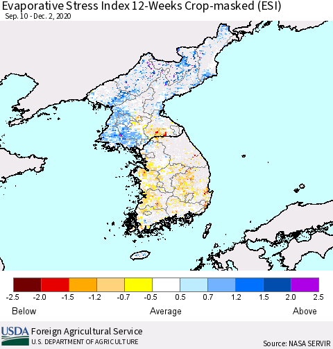 Korea Evaporative Stress Index (ESI), 12-Weeks over Croplands Thematic Map For 11/30/2020 - 12/6/2020