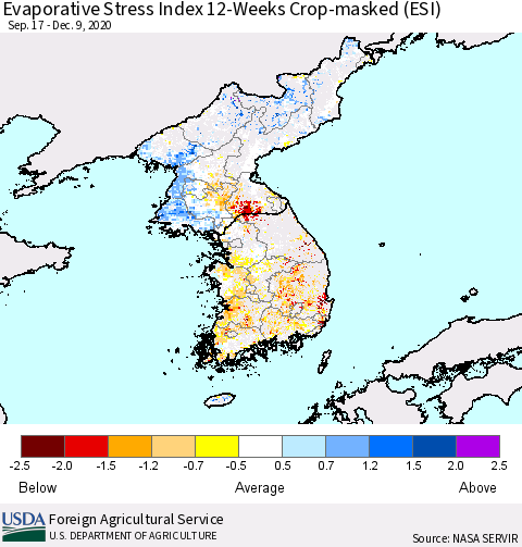 Korea Evaporative Stress Index (ESI), 12-Weeks over Croplands Thematic Map For 12/7/2020 - 12/13/2020