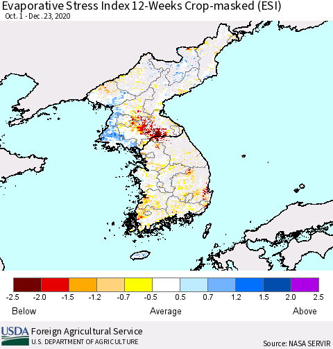 Korea Evaporative Stress Index (ESI), 12-Weeks over Croplands Thematic Map For 12/21/2020 - 12/27/2020