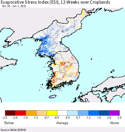 Korea Evaporative Stress Index (ESI), 12-Weeks over Croplands Thematic Map For 12/28/2020 - 1/3/2021