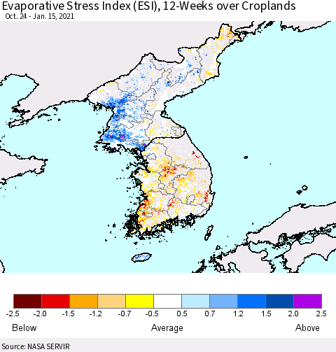 Korea Evaporative Stress Index (ESI), 12-Weeks over Croplands Thematic Map For 1/11/2021 - 1/17/2021