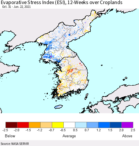 Korea Evaporative Stress Index (ESI), 12-Weeks over Croplands Thematic Map For 1/18/2021 - 1/24/2021