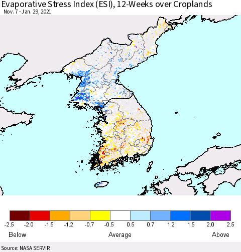 Korea Evaporative Stress Index (ESI), 12-Weeks over Croplands Thematic Map For 1/25/2021 - 1/31/2021